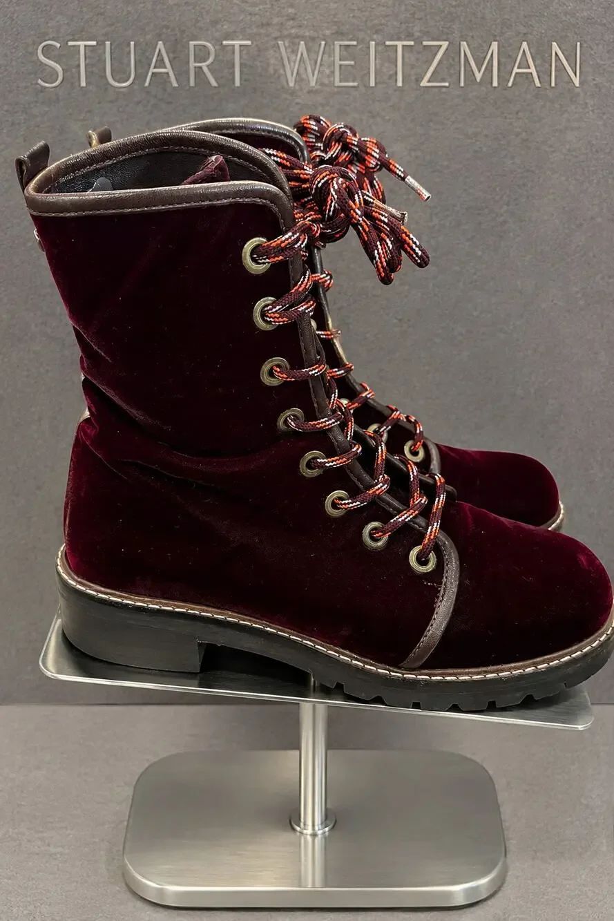 Stuart Weitzman Metermaid Velvet Combat Boots Burgundy Women’s 6